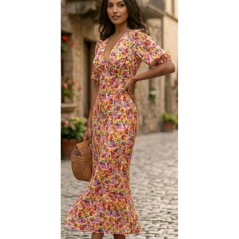 New‎ Rixo x Target Floral Bias Cut Midi Dress 8 Boho Vibrant Cottage Elegant